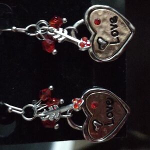 Heart Shaped Love Earrings with Arrow And Red Accents, Unique, Whimsical.